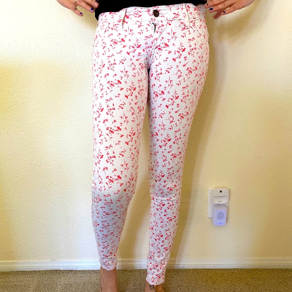 Floral patterned denim jeans